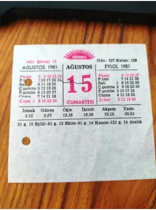 15 Ağustos 1981 / Sönmez Takvim Yaprağı * Doğum günü hediyesi