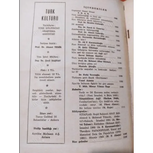Türk Kültürü 48/1966 Dil Meselesi, Ziya Gökalp,Ülkü Birliği,Seydi(Seyitnazar),Cemal Gürsel vefatı,YIL 1965-66 Sayı 37-48 İndeks