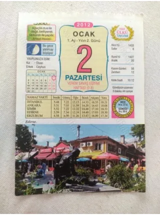 2 Ocak 2012 Vasif Ülkü Renkli Takvim yaprağı / Yavrunuza isim Kız Elvan Erkek Ceyhun / Kuşe Kağıt / Doğum-Özel gün hediyesi