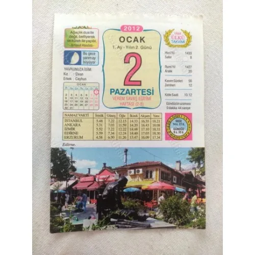 2 Ocak 2012 Vasif Ülkü Renkli Takvim yaprağı / Yavrunuza isim Kız Elvan Erkek Ceyhun / Kuşe Kağıt / Doğum-Özel gün hediyesi