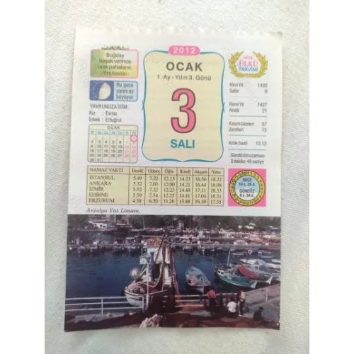 3 Ocak 2012 Vasif Ülkü Renkli Takvim yaprağı / Yavrunuza isim Kız Esma Erkek Ertuğrul / Kuşe Kağıt / Doğum-Özel gün hediyesi