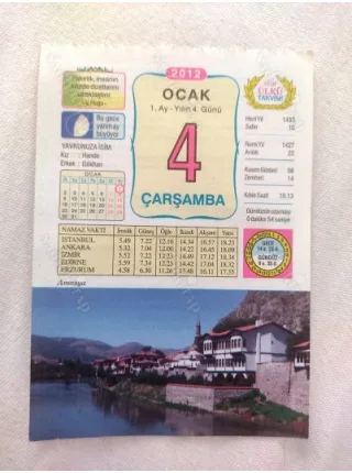 4 Ocak 2012 Vasif Ülkü Renkli Takvim yaprağı / Yavrunuza isim Kız Hande Erkek Gökhan / Kuşe Kağıt / Doğum-Özel gün hediyesi