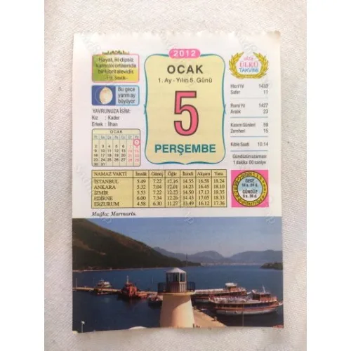 5 Ocak 2012 Vasif Ülkü Renkli Takvim yaprağı / Yavrunuza isim Kız Kader Erkek ilhan / Kuşe Kağıt / Doğum-Özel gün hediyesi