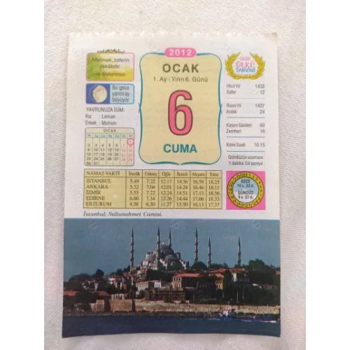 6 Ocak 2012 Vasif Ülkü Renkli Takvim yaprağı / Yavrunuza isim Kız Leman Erkek Muhsin / Kuşe Kağıt / Doğum-Özel gün hediyesi