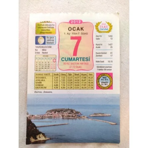 7 Ocak 2012 Vasif Ülkü Renkli Takvim yaprağı / Yavrunuza isim Kız Mine Erkek Nedret / Kuşe Kağıt / Doğum-Özel gün hediyesi