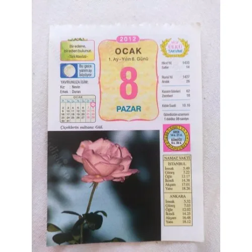 8 Ocak 2012 Vasif Ülkü Renkli Takvim yaprağı / Yavrunuza isim Kız Nevin Erkek Duran / Kuşe Kağıt / Doğum-Özel gün hediyesi