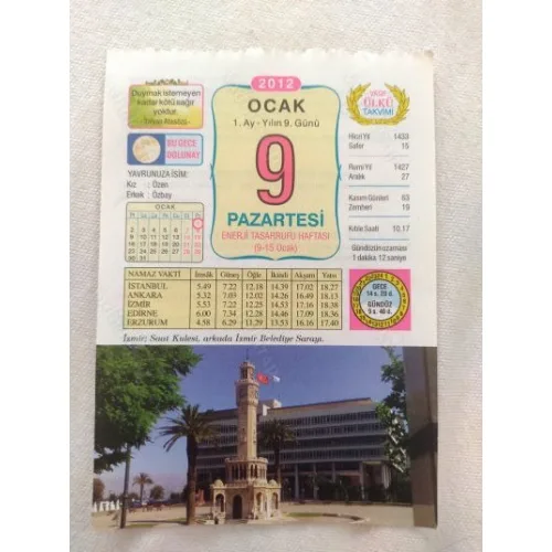 9 Ocak 2012 Vasif Ülkü Renkli Takvim yaprağı / Yavrunuza isim Kız Özen Erkek Özbay / Kuşe Kağıt / Doğum-Özel gün hediyesi