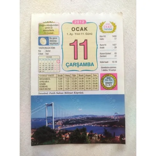 11 Ocak 2012 Vasif Ülkü Renkli Takvim yaprağı / Yavrunuza isim Kız Aynur Erkek İnal / Kuşe Kağıt / Doğum-Özel gün hediyesi