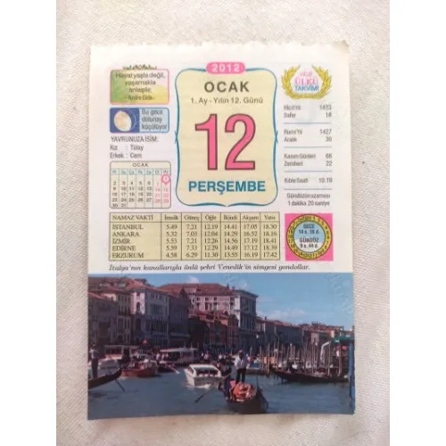 12 Ocak 2012 Vasif Ülkü Renkli Takvim yaprağı / Yavrunuza isim Kız Tülay Erkek Cem / Kuşe Kağıt / Doğum-Özel gün hediyesi