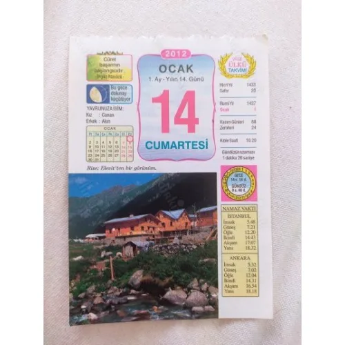 14 Ocak 2012 Vasif Ülkü Renkli Takvim yaprağı / Yavrunuza isim Kız Canan Erkek Akın / Kuşe Kağıt / Doğum-Özel gün hediyesi