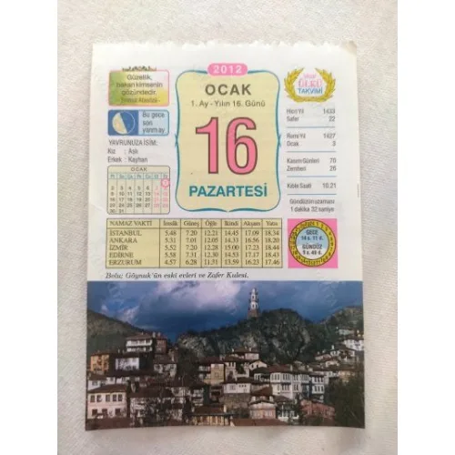 16 Ocak 2012 Vasif Ülkü Renkli Takvim yaprağı / Yavrunuza isim Kız Aslı Erkek Kayhan / Kuşe Kağıt / Doğum-Özel gün hediyesi