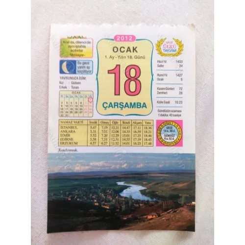 18 Ocak 2012 Vasif Ülkü Renkli Takvim yaprağı / Yavrunuza isim Kız Gülsen Erkek Turan / Kuşe Kağıt / Doğum-Özel gün hediyesi