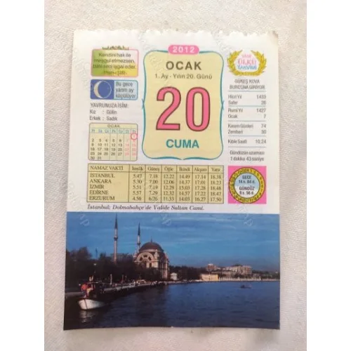 20 Ocak 2012 Vasif Ülkü Renkli Takvim yaprağı / Yavrunuza isim Kız Güllin Erkek Sadık / Kuşe Kağıt / Doğum-Özel gün hediyesi