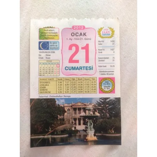 21 Ocak 2012 Vasif Ülkü Renkli Takvim yaprağı / Yavrunuza isim Kız Hüner Erkek İhsan / Kuşe Kağıt / Doğum-Özel gün hediyesi