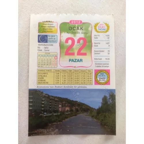 22 Ocak 2012 Vasif Ülkü Renkli Takvim yaprağı / Yavrunuza isim Kız Işılay Erkek Cemal / Kuşe Kağıt / Doğum-Özel gün hediyesi