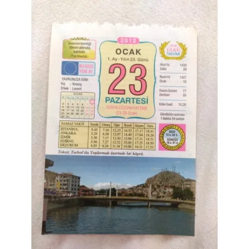 23 Ocak 2012 Vasif Ülkü Renkli Takvim yaprağı / Yavrunuza isim Kız Kıvanç Erkek Levent / Kuşe Kağıt / Doğum-Özel gün hediyesi