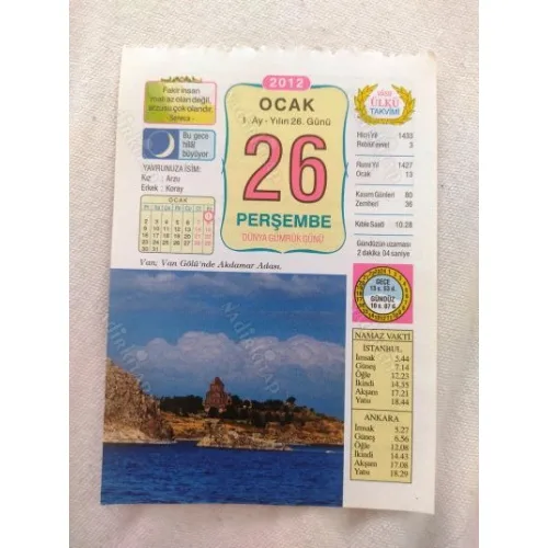 26 Ocak 2012 Vasif Ülkü Renkli Takvim yaprağı / Yavrunuza isim Kız Arzu Erkek Koray / Kuşe Kağıt / Doğum-Özel gün hediyesi