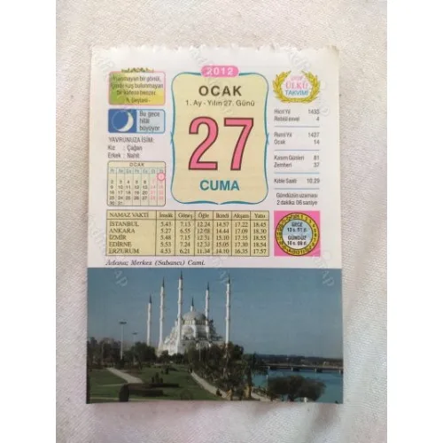 27 Ocak 2012 Vasif Ülkü Renkli Takvim yaprağı / Yavrunuza isim Kız Çağan Erkek Nahit / Kuşe Kağıt / Doğum-Özel gün hediyesi