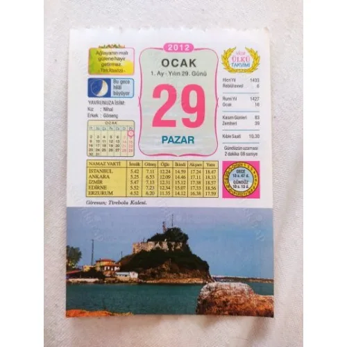 29 Ocak 2012 Vasif Ülkü Renkli Takvim yaprağı / Yavrunuza isim Kız Nihal Erkek Gönenç / Kuşe Kağıt / Doğum-Özel gün hediyesi