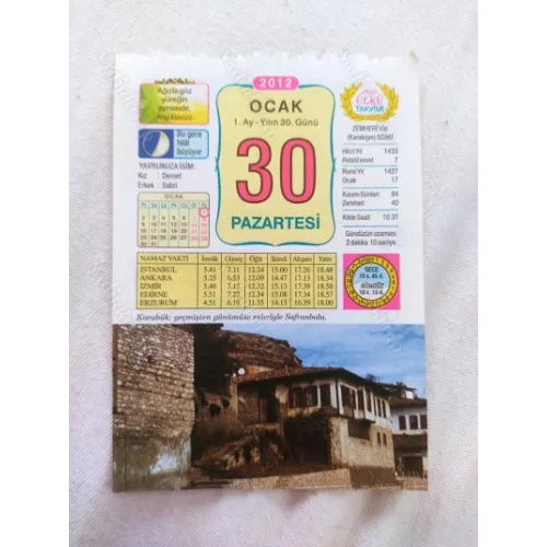 30 Ocak 2012 Vasif Ülkü Renkli Takvim yaprağı / Yavrunuza isim Kız Demet Erkek Sabri / Kuşe Kağıt / Doğum-Özel gün hediyesi