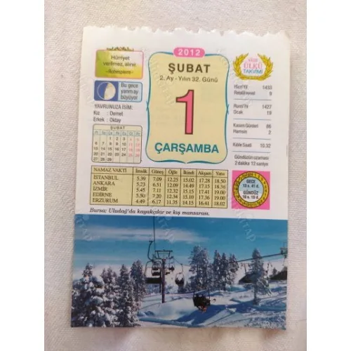 1 Şubat 2012 Vasif Ülkü Renkli Takvim yaprağı / Yavrunuza isim Kız Demet Erkek Oktay / Kuşe Kağıt / Doğum-Özel gün hediyesi