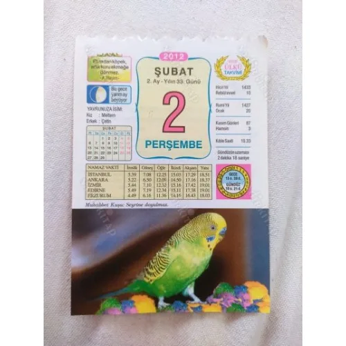 2 Şubat 2012 Vasif Ülkü Renkli Takvim yaprağı / Yavrunuza isim Kız Meltem Erkek Çetin / Kuşe Kağıt / Doğum-Özel gün hediyesi