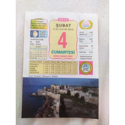 4 Şubat 2012 Vasif Ülkü Renkli Takvim yaprağı / Yavrunuza isim Kız Sedef Erkek Aydıner / Kuşe Kağıt / Doğum-Özel gün hediyesi
