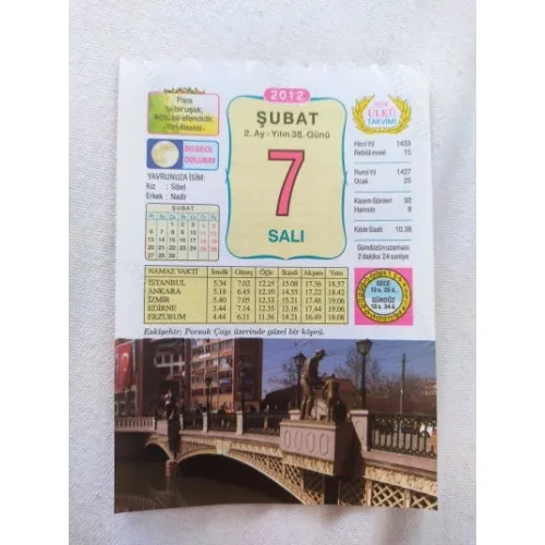 7 Şubat 2012 Vasif Ülkü Renkli Takvim yaprağı / Yavrunuza isim Kız Sibel Erkek Nadir / Kuşe Kağıt / Doğum-Özel gün hediyesi