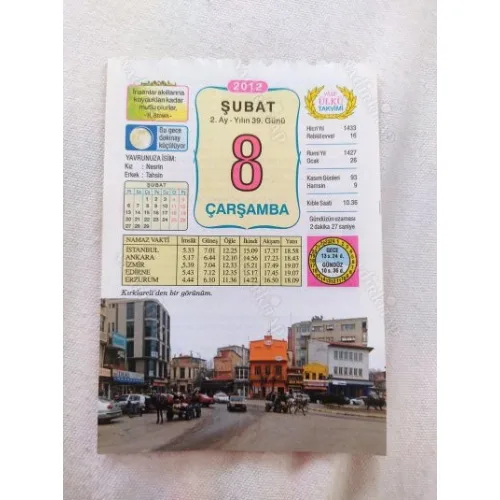 8 Şubat 2012 Vasif Ülkü Renkli Takvim yaprağı / Yavrunuza isim Kız Nesrin Erkek Tahsin / Kuşe Kağıt / Doğum-Özel gün hediyesi