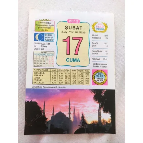 17 Şubat 2012 Vasif Ülkü Renkli Takvim yaprağı / Yavrunuza isim Kız Gülben Erkek Nail / Kuşe Kağıt / Doğum-Özel gün hediyesi