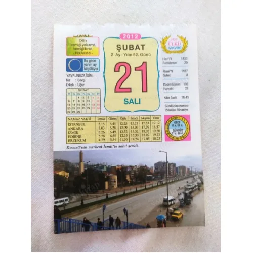 21 Şubat 2012 Vasif Ülkü Renkli Takvim yaprağı / Yavrunuza isim Kız Sevgi Erkek Uğur / Kuşe Kağıt / Doğum-Özel gün hediyesi