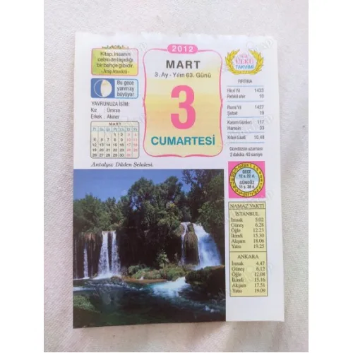 3 Mart 2012 Vasif Ülkü Renkli Takvim yaprağı / Yavrunuza isim Kız Ümran Erkek Akıner / Kuşe Kağıt / Doğum-Özel gün hediyesi