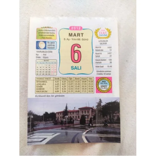 6 Mart 2012 Vasif Ülkü Renkli Takvim yaprağı / Yavrunuza isim Kız Anıl Erkek Kazım / Kuşe Kağıt / Doğum-Özel gün hediyesi