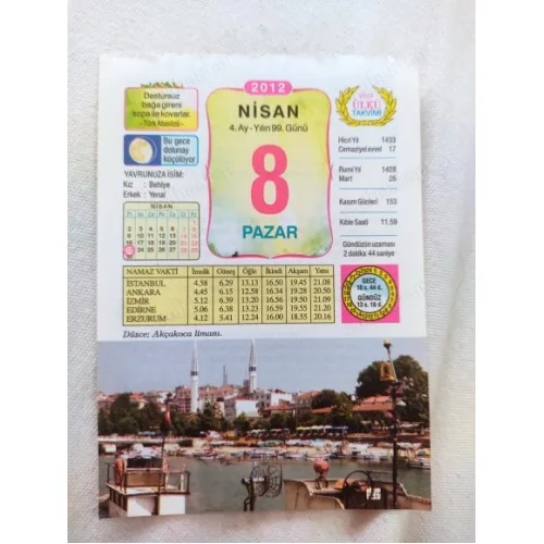 8 Nisan 2012 Vasif Ülkü Renkli Takvim yaprağı / Yavrunuza isim Kız Behiye Erkek Yenal / Kuşe Kağıt / Doğum-Özel gün hediyesi