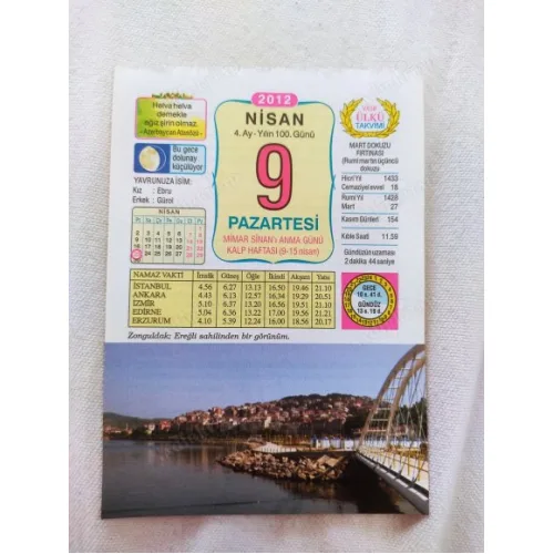 9 Nisan 2012 Vasif Ülkü Renkli Takvim yaprağı / Yavrunuza isim Kız Ebru Erkek Gürol / Kuşe Kağıt / Doğum-Özel gün hediyesi