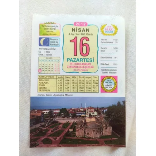 16 Nisan 2012 Vasif Ülkü Renkli Takvim yaprağı / Yavrunuza isim Kız Bilge Erkek Korhan / Kuşe Kağıt / Doğum-Özel gün hediyesi