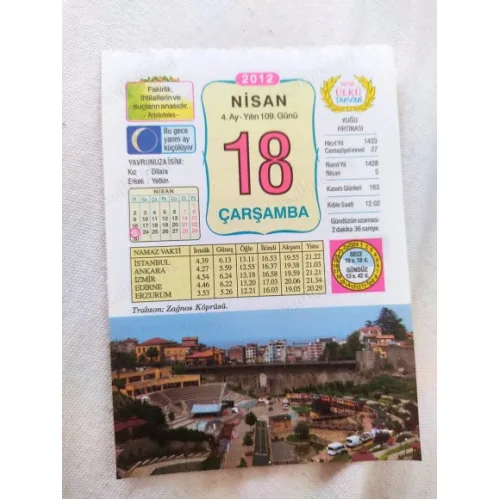 18 Nisan 2012 Vasif Ülkü Renkli Takvim yaprağı / Yavrunuza isim Kız Dilara Erkek Yetkin / Kuşe Kağıt / Doğum-Özel gün hediyesi