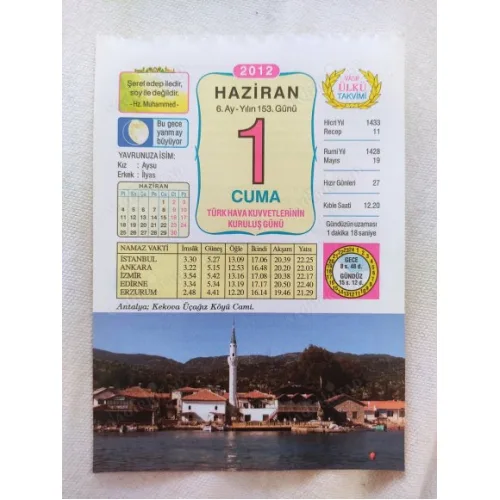 1 Haziran 2012 Vasif Ülkü Renkli Takvim yaprağı / Yavrunuza isim Kız Aysu Erkek İlyas / Kuşe Kağıt / Doğum-Özel gün hediyesi