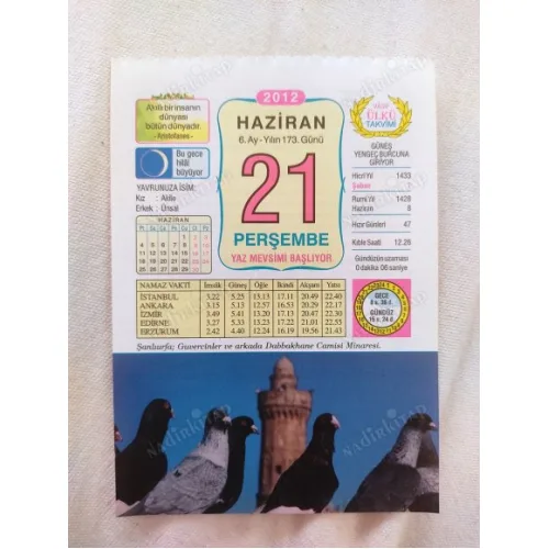 21 Haziran 2012 Vasif Ülkü Renkli Takvim yaprağı / Yavrunuza isim Kız Akile Erkek Ünsal / Kuşe Kağıt / Doğum-Özel gün hediyesi
