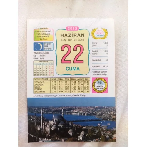 22 Haziran 2012 Vasif Ülkü Renkli Takvim yaprağı / Yavrunuza isim Kız Radife Erkek Çelik / Kuşe Kağıt / Doğum-Özel gün hediyesi