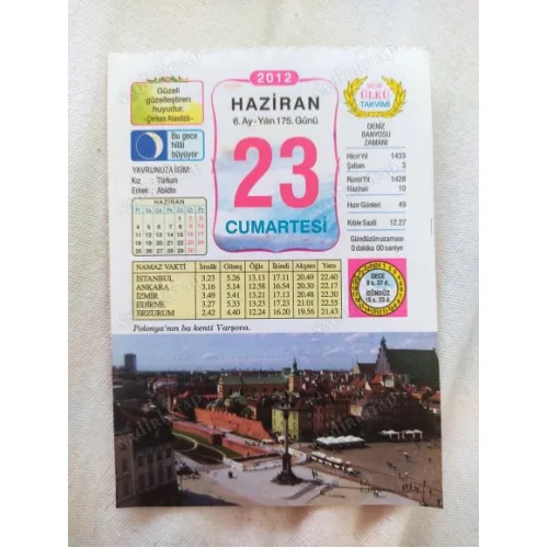 23 Haziran 2012 Vasif Ülkü Renkli Takvim yaprağı / Yavrunuza isim Kız Türkan Erkek Abidin / Kuşe Kağıt / Doğum-Özel gün hediyesi