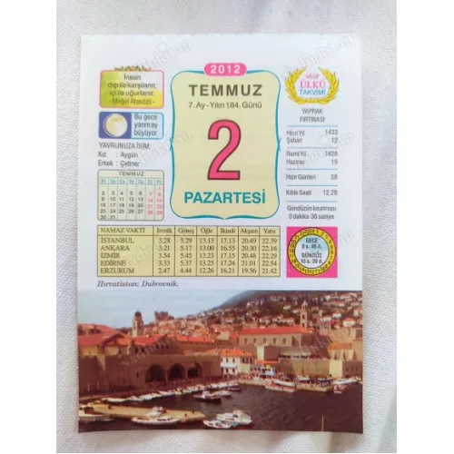 2 Temmuz 2012 Vasif Ülkü Renkli Takvim yaprağı / Yavrunuza isim Kız Aygün Erkek Çetiner / Kuşe Kağıt / Doğum-Özel gün hediyesi