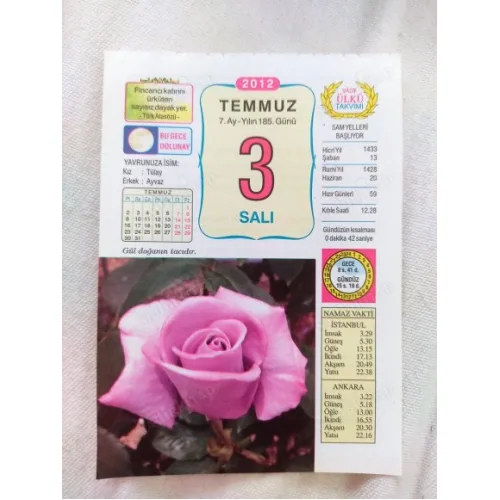 3 Temmuz 2012 Vasif Ülkü Renkli Takvim yaprağı / Yavrunuza isim Kız Tülay Erkek Ayvaz / Kuşe Kağıt / Doğum-Özel gün hediyesi