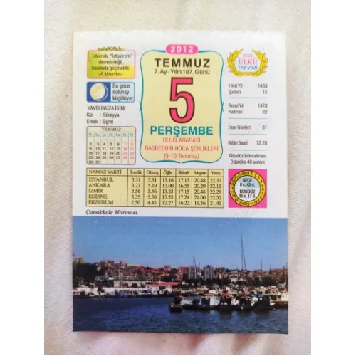 5 Temmuz 2012 Vasif Ülkü Renkli Takvim yaprağı / Yavrunuza isim Kız Süreyya Erkek Eşref / Kuşe Kağıt / Doğum-Özel gün hediyesi