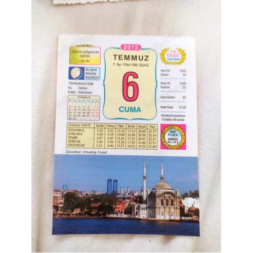 6 Temmuz 2012 Vasif Ülkü Renkli Takvim yaprağı / Yavrunuza isim Kız Selma Erkek Kahraman / Kuşe Kağıt / Doğum-Özel gün hediyesi