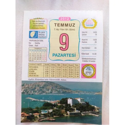 9 Temmuz 2012 Vasif Ülkü Renkli Takvim yaprağı / Yavrunuza isim Kız Seniha Erkek Ferit / Kuşe Kağıt / Doğum-Özel gün hediyesi