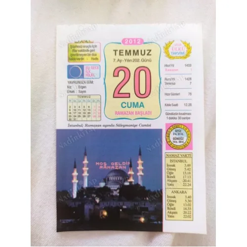 20 Temmuz 2012 Vasif Ülkü Renkli Takvim yaprağı / Yavrunuza isim Kız Ergen Erkek Sayın / Kuşe Kağıt / Doğum-Özel gün hediyesi