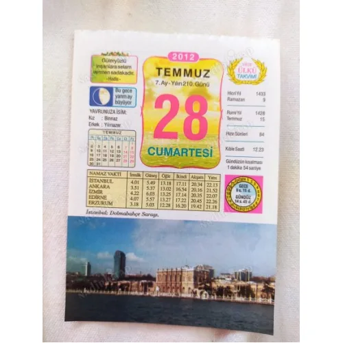 28 Temmuz 2012 Vasif Ülkü Renkli Takvim yaprağı / Yavrunuza isim Kız Binnaz Erkek Yılmazer / Kuşe Kağıt / Doğum-Özel gün hediyesi