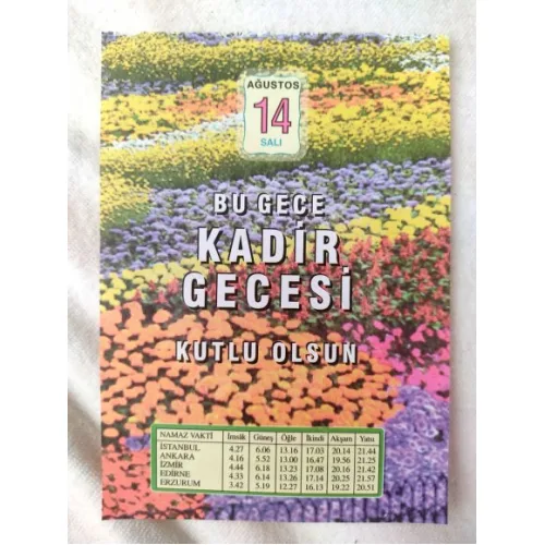 14 Ağustos 2012 Vasif Ülkü Renkli Takvim yaprağı / Kadir Gecesi / Kuşe Kağıt / Doğum-Özel gün hediyesi