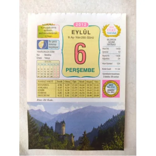 6 Eylül 2012 Vasif Ülkü Renkli Takvim yaprağı / Yavrunuza isim Kız Mediha Erkek Yakup / Kuşe Kağıt / Doğum-Özel gün hediyesi
